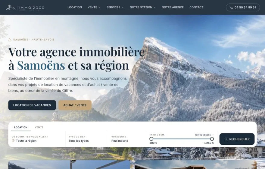 Site de l'agence immobilière Immo 2000 à Samoëns, créé de zéro